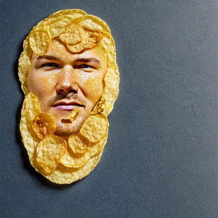 Prompt: chris pratt's face on a potato chip, textured, cross - cut, potato crisp, macro shot, high detail photo, close up