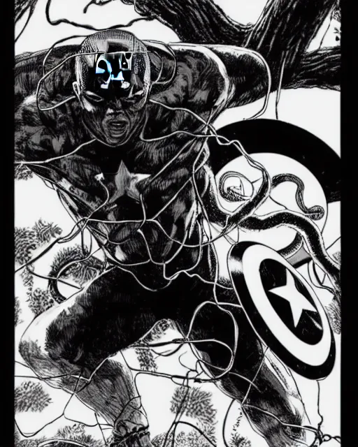 Prompt: black and white captain america defends himself with a shield against the sword of a giant tree monster with wires and tentacles in the cuberpunk forest, by tsutomu nihei, black and white