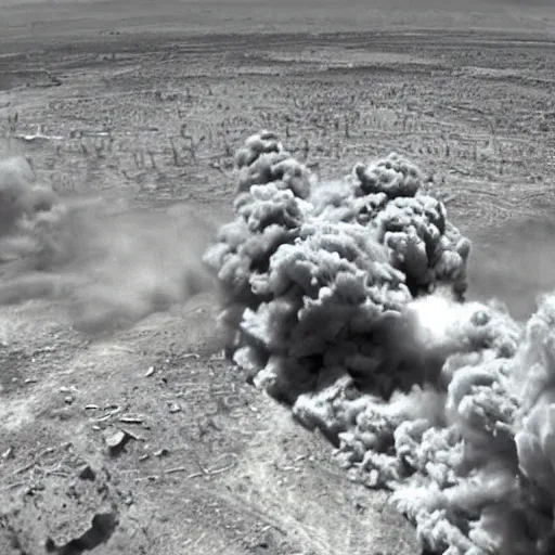 Prompt: combat drone strike war footage, ir, infrared, saturated with green tint, very high contrast, nuclear cloud, high angle vertical, dirty, grainy, noisy, bad drone camera