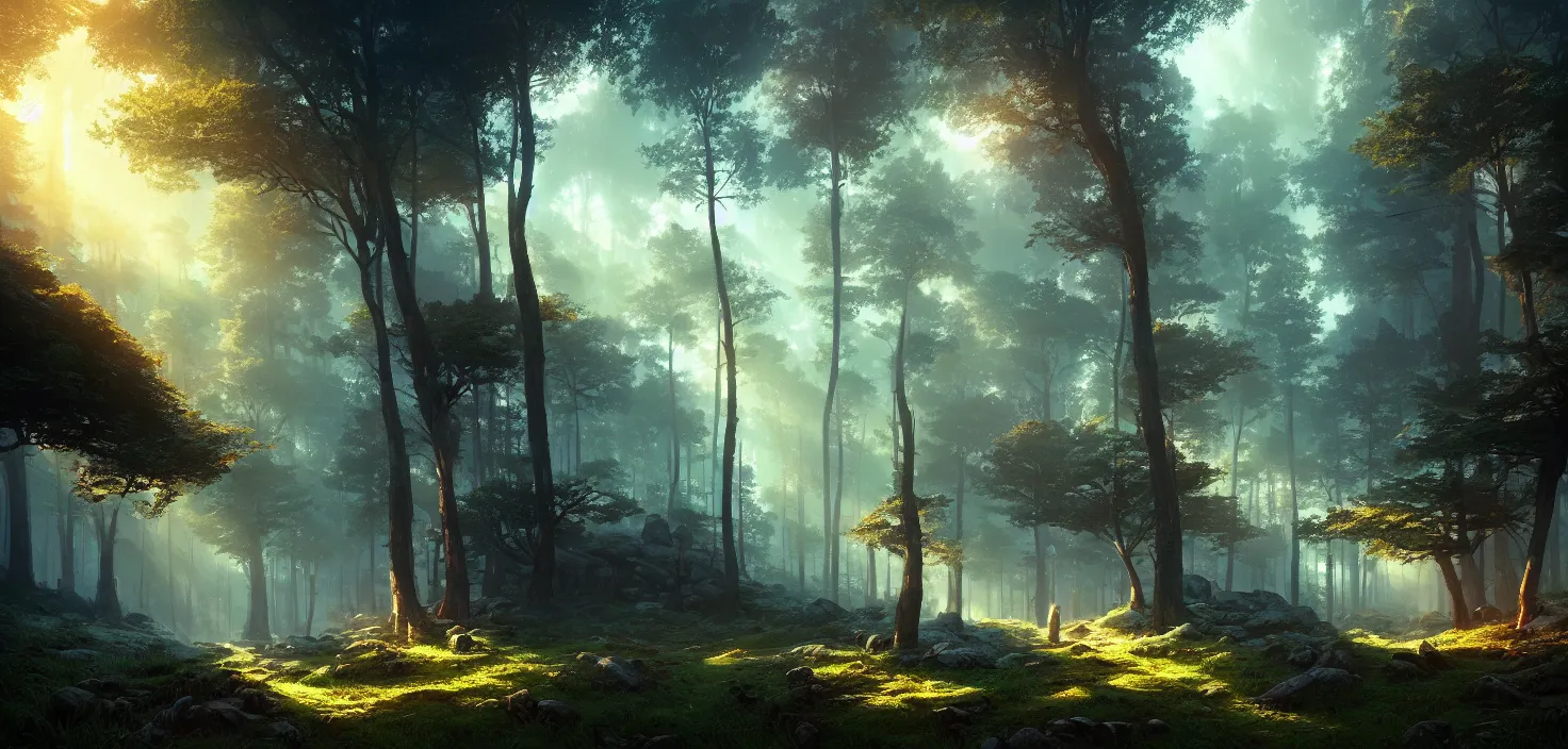 Image similar to random forest landscape, incredible, vector art, octane render, fabulous, hyper detailed, random cinematic view, no noise, global illumination, warm lighting, volumetric, godrays, vivid, beautiful, by jordan grimmer