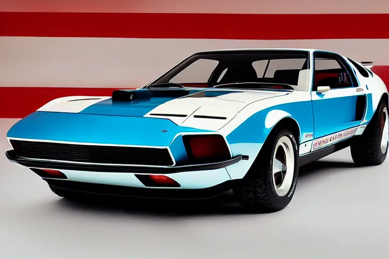 Image similar to designed by giorgetto giugiaro stylized poser of a single 1 9 6 9 fastback mustang ( mk 2 ford gt 4 0 ) 1 9 8 2 firebird transam delorean, large led lights, ektachrome photograph, volumetric lighting, f 8 aperture, cinematic eastman 5 3 8 4 film