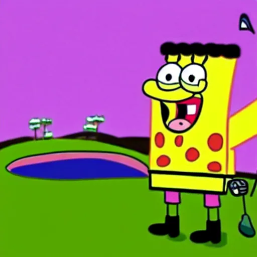 Image similar to spongebob playing golf, cartoon