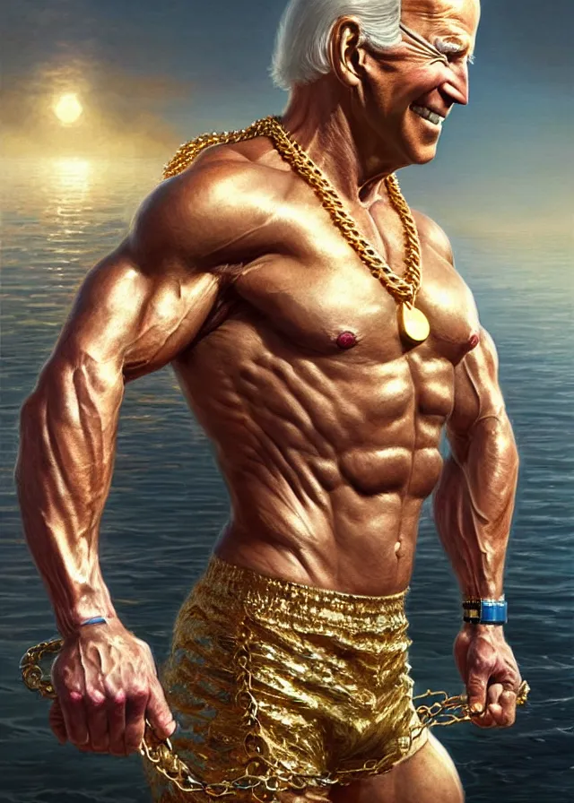 Image similar to super muscular joe biden wearing cycling shorts and gold chains walking on water, elegant, real life skin, intricate, high detailed, artstation, concept art, smooth, sharp focus, art by artgerm and greg rutkowski