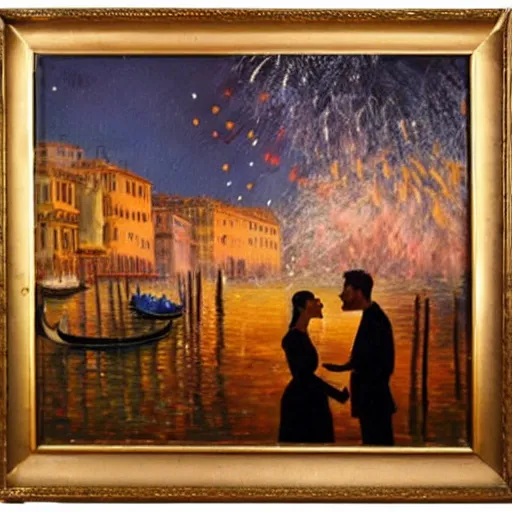 Image similar to an oil painting of couple kissing, in a background fireworks in venice