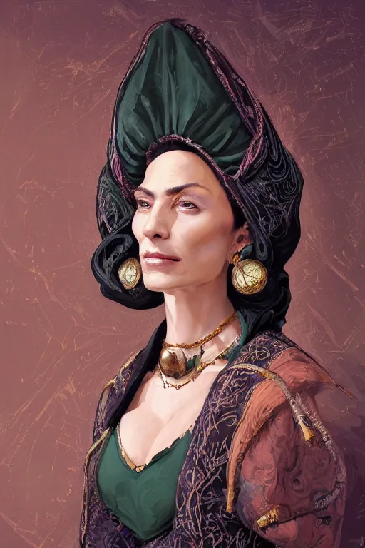 Image similar to portrait, headshot, digital painting, of a 17th century, beautiful, middle aged, middle eastern, wrinkles, decadent, cyborg noble woman, dark hair, amber jewels, baroque, ornate dark green opulent clothing, scifi, futuristic, realistic, hyperdetailed, concept art, chiaroscuro, side lighting, art by syd mead