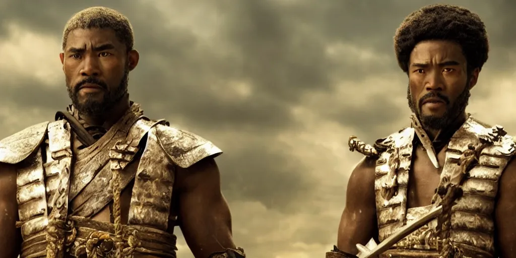 Image similar to a film still of a black man starring in a japanese blockbuster film as ancient samurai, intense, shallow depth of field, cinematic, award winning cgi, vfx, film still