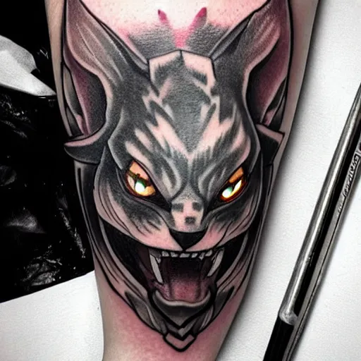 Image similar to a tatoo of rengar from league of legends,