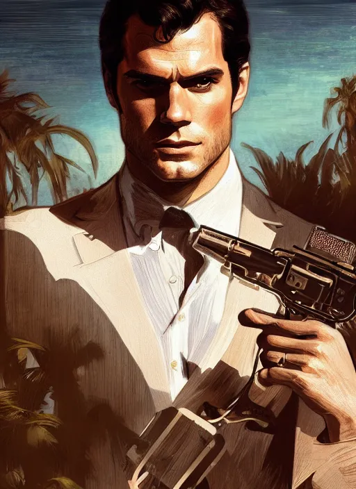 Image similar to portrait of henry cavill as james bond, key art, palm trees, vintage aston martin, highly detailed, digital painting, artstation, concept art, cinematic lighting, sharp focus, illustration, by gaston bussiere alphonse mucha