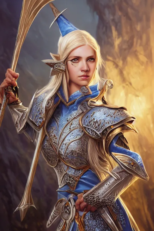 Image similar to highly detailed full body portrait painting of a proud young elven knight in the style of Warhammer Fantasy by Artgerm and Arian Mark, short blonde hair, blue eyes, sapphire earrings, no helmet, low angle shot, highly detailed, trending on artstation, cgsociety, 4k, 8k, HDR, octane render, unreal engine