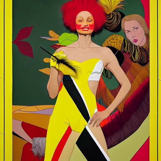 Image similar to art by joshua middleton, a medium shot portrait of the golden creeper, a tall manically smiling yellow - skinned woman with green and black striped cycling shorts and wearing a long red and black striped ostrich feather boa, the actress thandie newton, yellow makeup, mucha, kandinsky, poster, art deco motifs, comic art, stylised design, scarlet feather boa