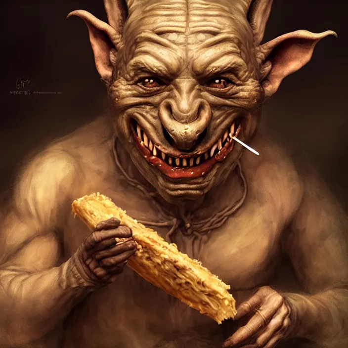 Image similar to profile face portrait of a medieval goblin eating cakes in the cloisters, beautiful face, hyper realistic, highly detailed, digital painting, artstation, illustration, concept art by hyung tae and frank frazetta, digital paint, matte paint, washed colors, dark, gloomy