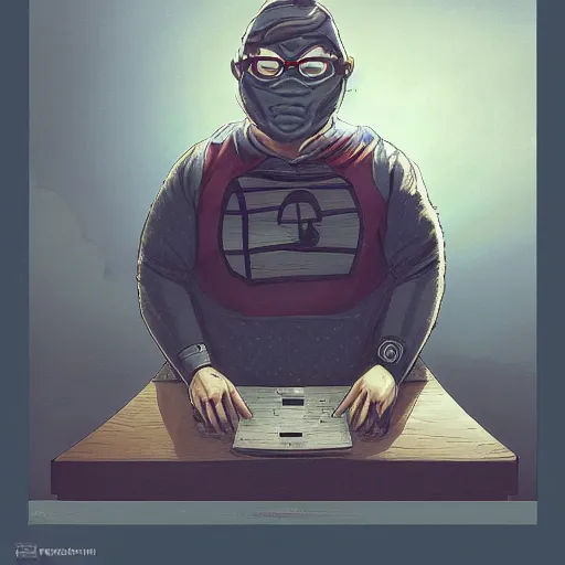 Image similar to an insanely detailed painting of a chubby nerdy asian man wearing a homemade superhero costume and mask, sitting at a computer desk typing on the keyboard, in the style of peter mohrbacher, dramatic lighting and composition, trending on artstation, concept art, comic book, graphic novel, back view