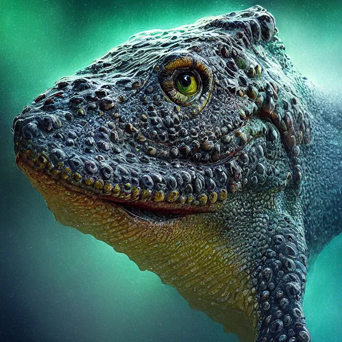 Image similar to symmetric! portrait of a anthropomorphic crocodile, fractal textured skin, glowing eyes, intricate detailed, background waves aquatic, luminescent digital art by paul barson and artgerm, 8 k hdr