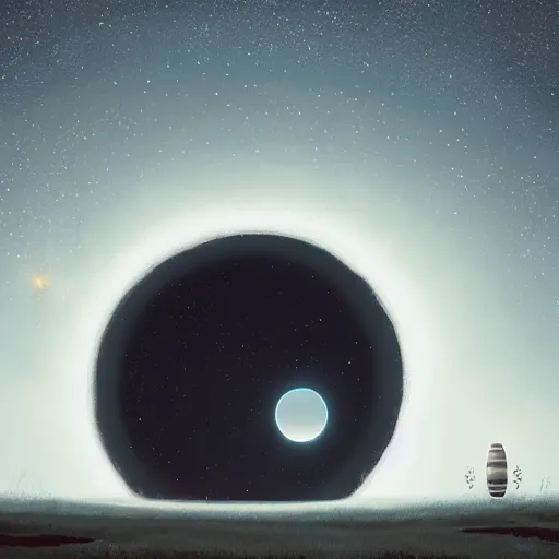 Image similar to A beautiful conceptual art of a black hole. This hole appears to be a portal to another dimension or reality, and it is emitting a bright, white light. There are also stars and other celestial objects around it. by Mike Winkelmann, by Goro Fujita
