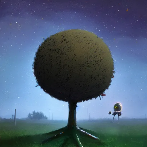 Image similar to robot under the tree surreal photography, dark night, stars, moon light, impressionist painting, clouds, digital painting, artstation, simon stalenhag