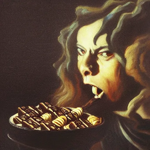 Image similar to saturn devouring a snickers chocolate bar, goya painting, in the style of goya and greg rutkowski, in the style of black paintings, 8 k, highly realistic