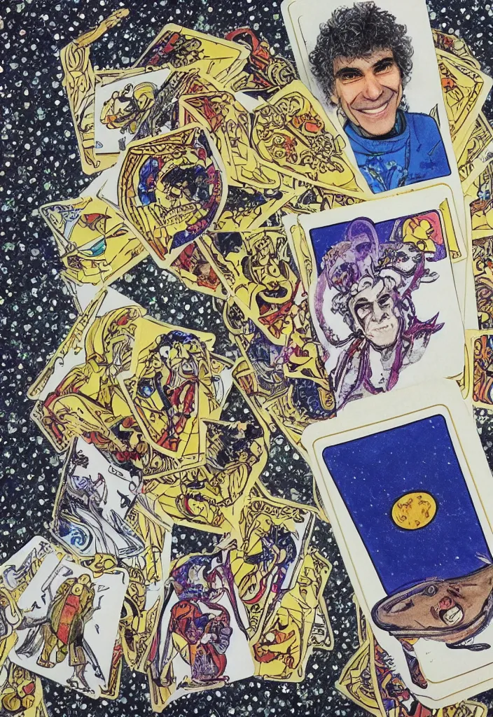 Image similar to Yoshua Bengio smiling on the Tarot card. Illustration.