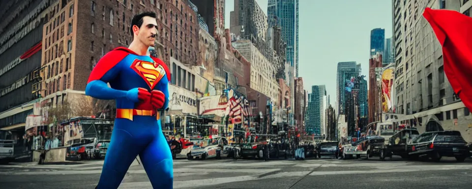 Image similar to nikola tesla in superman costume, walking in new york, hd, realistic, shallow depth of field, daytime, cinematic