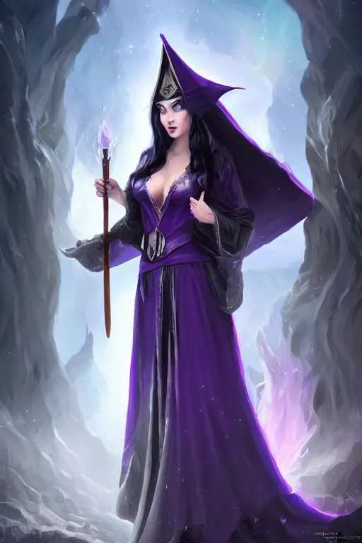 Prompt: Pretty Sorceress, wearing Black and purple robes, Dark blue hair, magic wooden staff, fully covered, Dark fantasy, romantic lead, pretty face, trending by artstation, artstationhd, artstationhq, matte painting