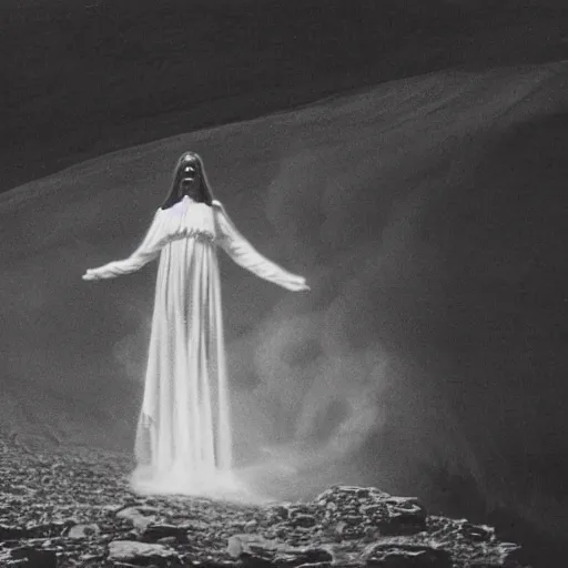 Image similar to 1 9 7 0's artistic spaghetti western movie, a woman in a giant billowy wide flowing waving dress made out of white smoke, standing inside a dark western rocky scenic landscape, volumetric lighting, backlit, moody, atmospheric