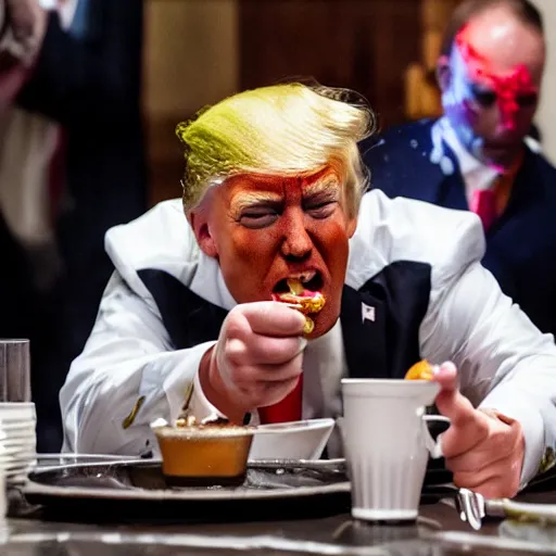 Prompt: crying donald trump in a highchair with pudding all over his face, gettyimages