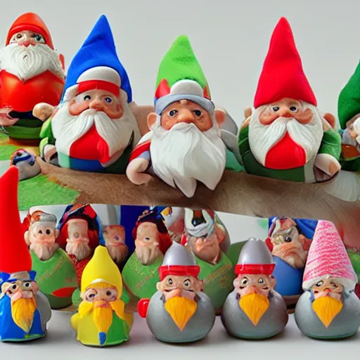 Prompt: Collection of gnomes from Kinder Surprise