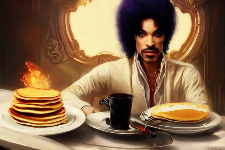 Image similar to portrait of the artist formally known as prince with a plate of pancakes, casino on fire los vegas, charlie bowater, artgerm, ilya kuvshinov, krenz cushart, ruan jia, realism, ultra detailed, 8 k resolution