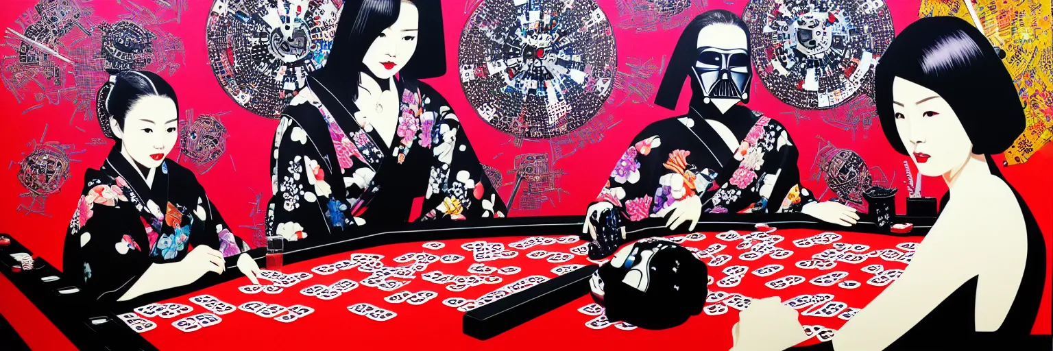 Image similar to hyperrealism composition of the detailed woman in a japanese kimono sitting at an extremely detailed poker table with darth vader, terminator, fireworks on the background, pop - art style, jacky tsai style, andy warhol style, acrylic on canvas