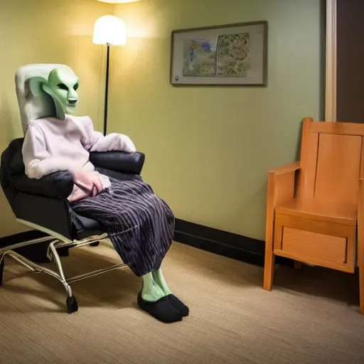Image similar to an alien in a nursing home sitting on a sofa with a tv tray