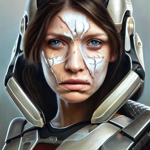 Image similar to portrait of a woman with the scars of battle on her face, wearing sci-fi power armor, Alexandria's genesis, chin-length hair, bored, illustration, soft lighting, soft details, hyper realism, high detailed, painting oil on canvas by mark arian by artgerm, trending on artstation, 4k, 8k, HD