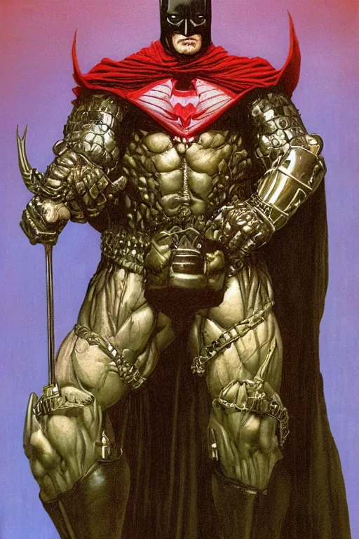 Prompt: full length portrait of massive hulking dorian yates as dark evil mutant batman wearing cape and armour, by lawrence alma tadema and zdzislaw beksinski and norman rockwell and jack kirby and tom lovell and greg staples and michael alford