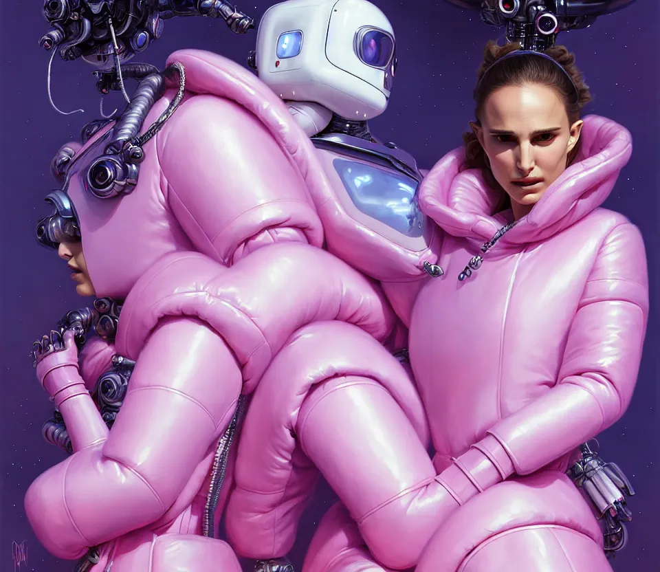 Prompt: beautiful fantasy character portrait, natalie portman, wearing pink puffy bomber jacket with white fur, robots, seductive reclining pose, futuristic chrome drones, ultra realistic, dramatic lighting, the shinning artifacts, highly detailed by peter mohrbacher, hajime sorayama, wayne barlowe, boris vallejo, aaron horkey, gaston bussiere, craig mullins