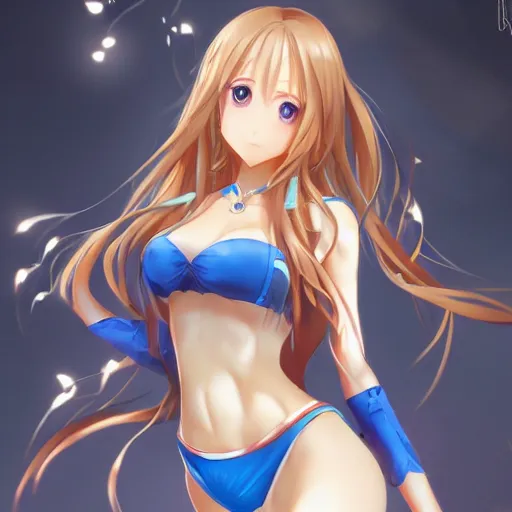 Image similar to a very beautiful mature yuuki asuna, full body, long wavy blond hair, sky blue eyes, full round face, bikini, miniskirt, front view, mid - shot, cute pose, highly detailed, cinematic wallpaper by stanley artgerm lau