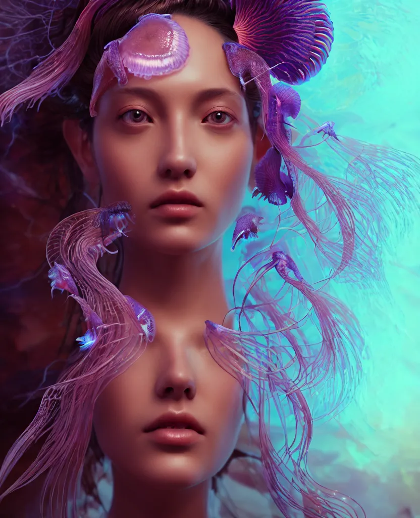 Image similar to goddess close-up portrait. orchid jellyfish phoenix head, nautilus, skull, betta fish, bioluminiscent creatures, intricate artwork by Tooth Wu and wlop and beeple. octane render, trending on artstation, greg rutkowski very coherent symmetrical artwork. cinematic, hyper realism, high detail, octane render, 8k