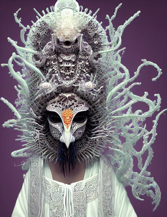 Image similar to 3 d goddess close - up profile portrait of cultist monk in hooded robe with ram skull. beautiful intricately detailed japanese crow kitsune mask and clasical japanese kimono. betta fish, jellyfish phoenix, bio luminescent, plasma, ice, water, wind, creature, artwork by tooth wu and wlop and beeple and greg rutkowski