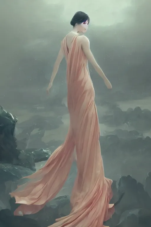 Prompt: chinese princess in a long silk dress, from backside, up shot, highly detailed art, cinematic atmosphere, volumetric lighting, glow, trending on artstation, by wlop, by le vuong, by tom bagshaw