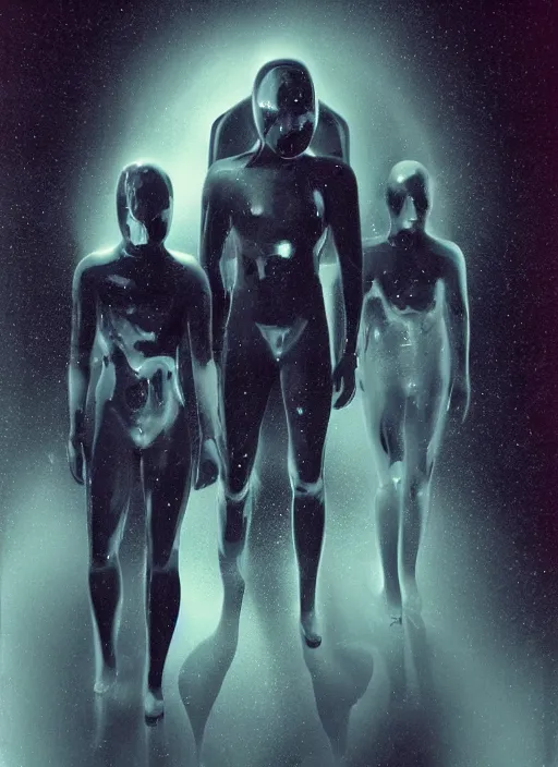 Image similar to astronauts in dark minimalists underwater - hyperdetailed suit. reflection and dispersion plastic materials. water bubbles. rays and dispersion of light. volumetric light. 5 0 mm, f / 3 2. noise film photo. flash photography. ultra realistic, wide angle. poster by wayne barlowe, hajime sorayama aaron horkey, craig mullins. dark key.