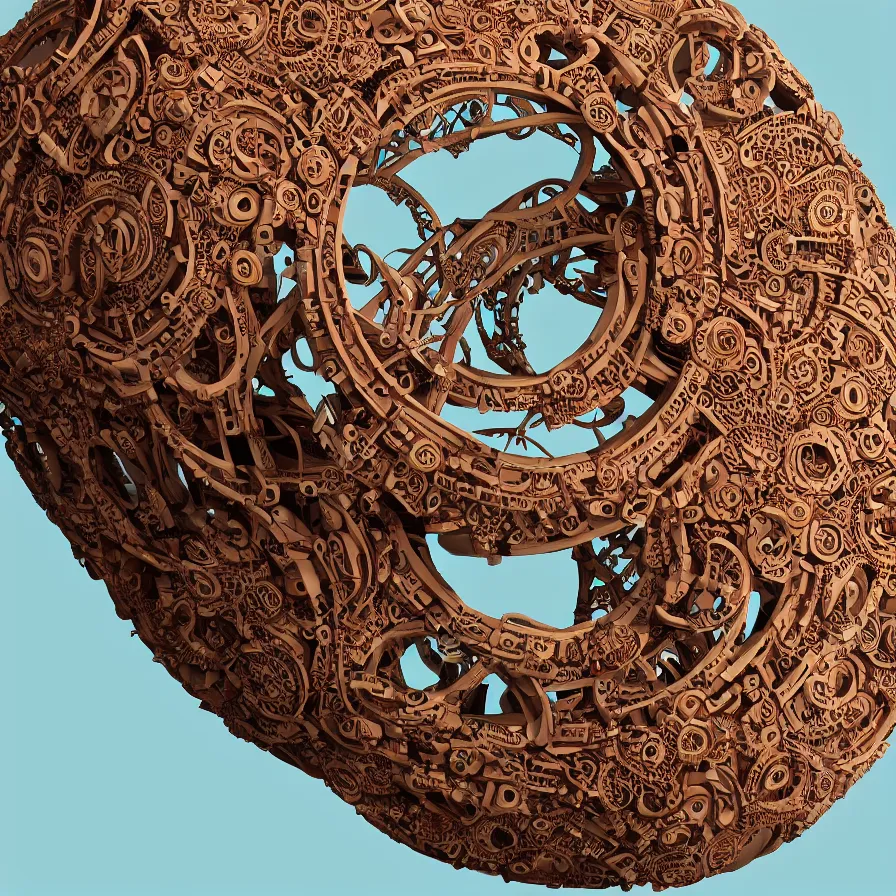 Image similar to beautiful gallery show studio photograph of a giant realistic round biomechanical ceramic sculpture of a plough horse, fractal 3 d structure, celadon glaze, placed on a polished wooden table, colorful hyperrealism 8 k trending on artstation