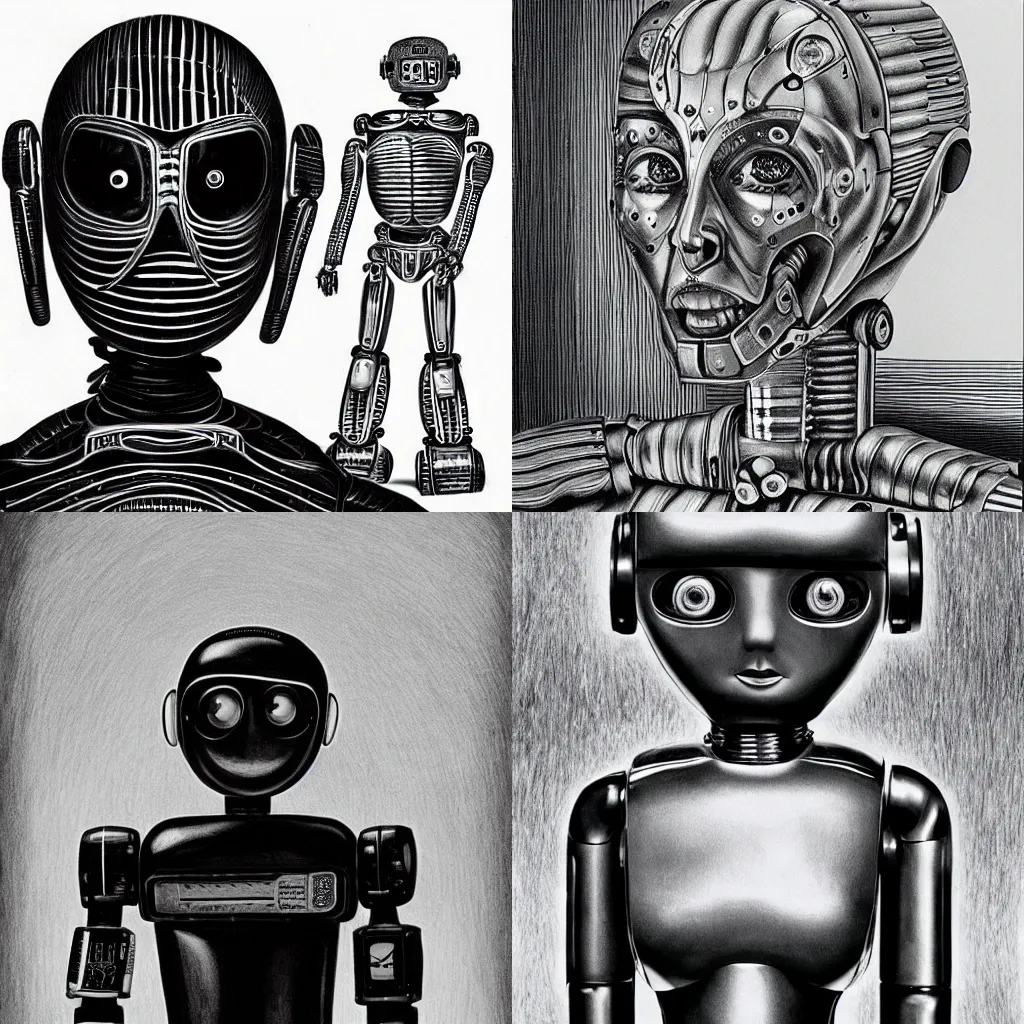 Prompt: humanoid robot, Black and White, ink art art by Laurie Lipton