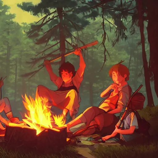Prompt: Three adventurers resting around a campfire, D&D, fantasy, highly detailed, artstation, digital illustration, concept art, by Kyoto Animation and Studio Ghibli, by Ilya Kuvshinov and Alphonse Mucha