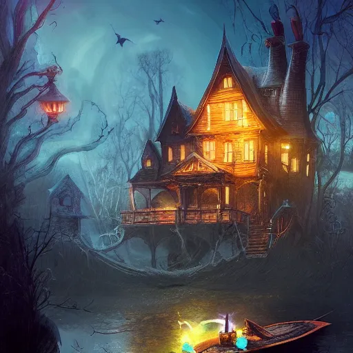 Image similar to a scary witch in front of a witch house which is made out of candy, floating on the ocean, epic scene, fantasy, cinematic, hyper - detailed, in the style of greg rutkowski