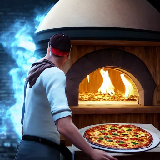 Image similar to man is surprised opening a pizza oven, discovers pizza, photo by artgerm, greg rutkowski and alphonse mucha, unreal engine 5, 4 k uhd