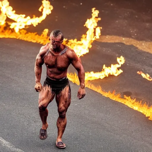 Image similar to a muscular man walking through flames. His skin is charcoal. His eyes are coals. His bones are exposed