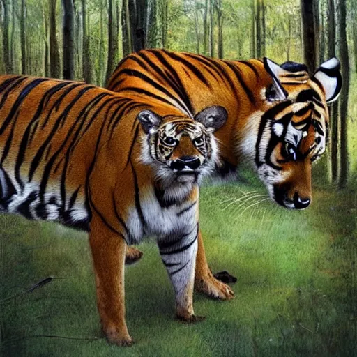 Image similar to !!! deer and!!! tiger standing close to each other in sherwood forest by esao andrews