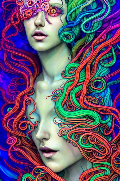 Image similar to A sea goddess with colorful tentacles hair having an extremely colorful psychedelic experience, warping time and space, magic mushrooms, psilocybin, LSD, face, detailed, intricate, elegant, highly detailed, digital painting, artstation, concept art, smooth, sharp focus, illustration, art by Krenz Cushart and Artem Demura and alphonse mucha, Octane render, unreal engine, 8K