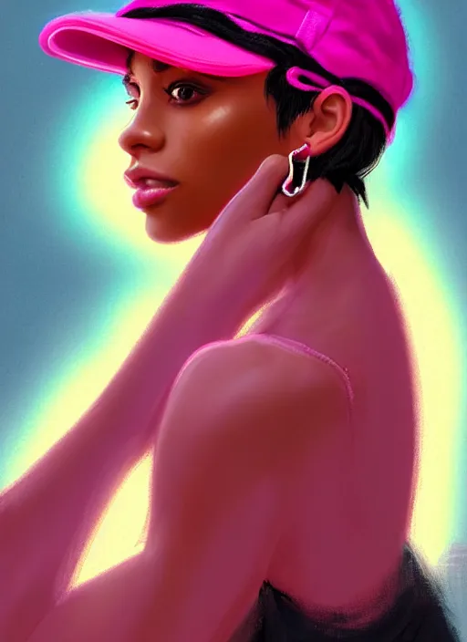 Image similar to portrait of teenage vanessa morgan with bright pink hair, black girl, vanessa morgan, curly pixie cut hair, wearing newsboy cap, newsboy cap, hoop earrings, intricate, elegant, glowing lights, highly detailed, digital painting, artstation, concept art, smooth, sharp focus, illustration, art by wlop, mars ravelo and greg rutkowski