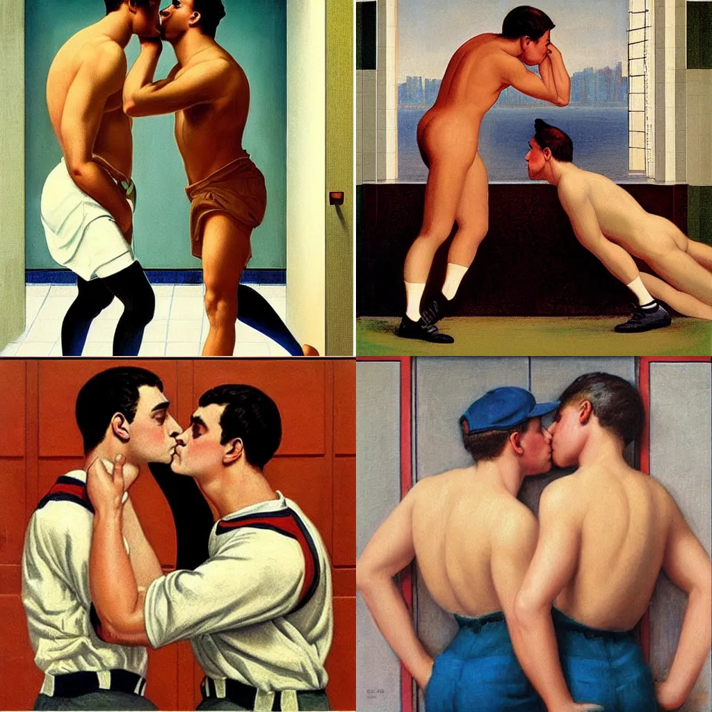 Prompt: “shoulders-down shot of two baseball players kissing in the locker room, William Godward Painting Vintage Poster”