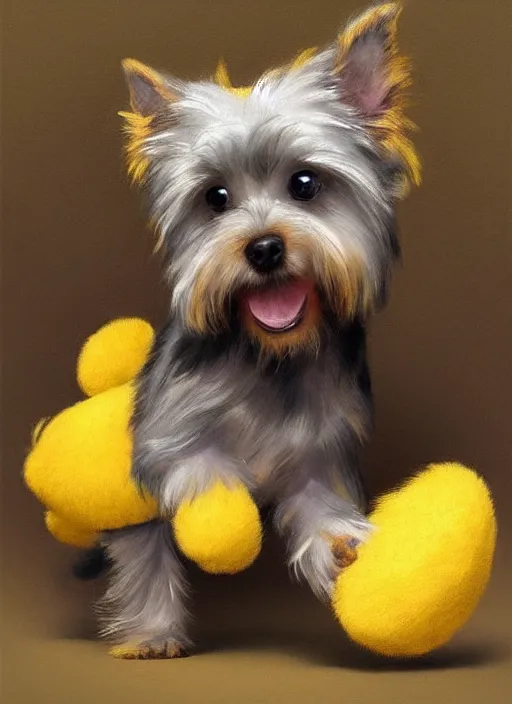 Prompt: a beautiful portrait of grey puppy yorkshire terrier playing with yellow fish plush toy, digital art by eugene de blaas and ross tran, vibrant color scheme, highly detailed, in the style of romanticism, cinematic, artstation, greg rutkowski