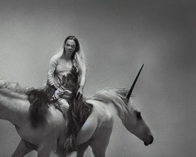 Image similar to photo of a woman riding a unicorn, photo by annie liebovitz