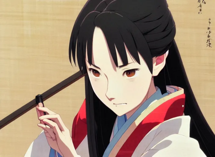 Image similar to a film still portrait of a confident woman wearing a kimono, finely detailed features, closeup at the faces, perfect art, at an ancient city, gapmoe yandere grimdark, trending on pixiv fanbox, painted by greg rutkowski makoto shinkai takashi takeuchi studio ghibli, akihiko yoshida